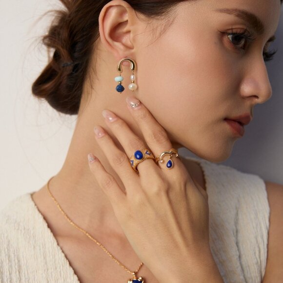 ✨ Artisan Original Lapis Lazuli & Enamel Statement Ring | S925 Gold Adjustable - Picture 3 of 15